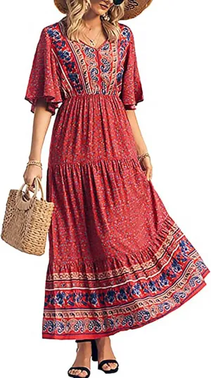 Women Summer Casual Maxi Dress Bohemian Floral V Neck Short Sleeve Ethnic Beach Flowy Sundress Long Swing Dress
