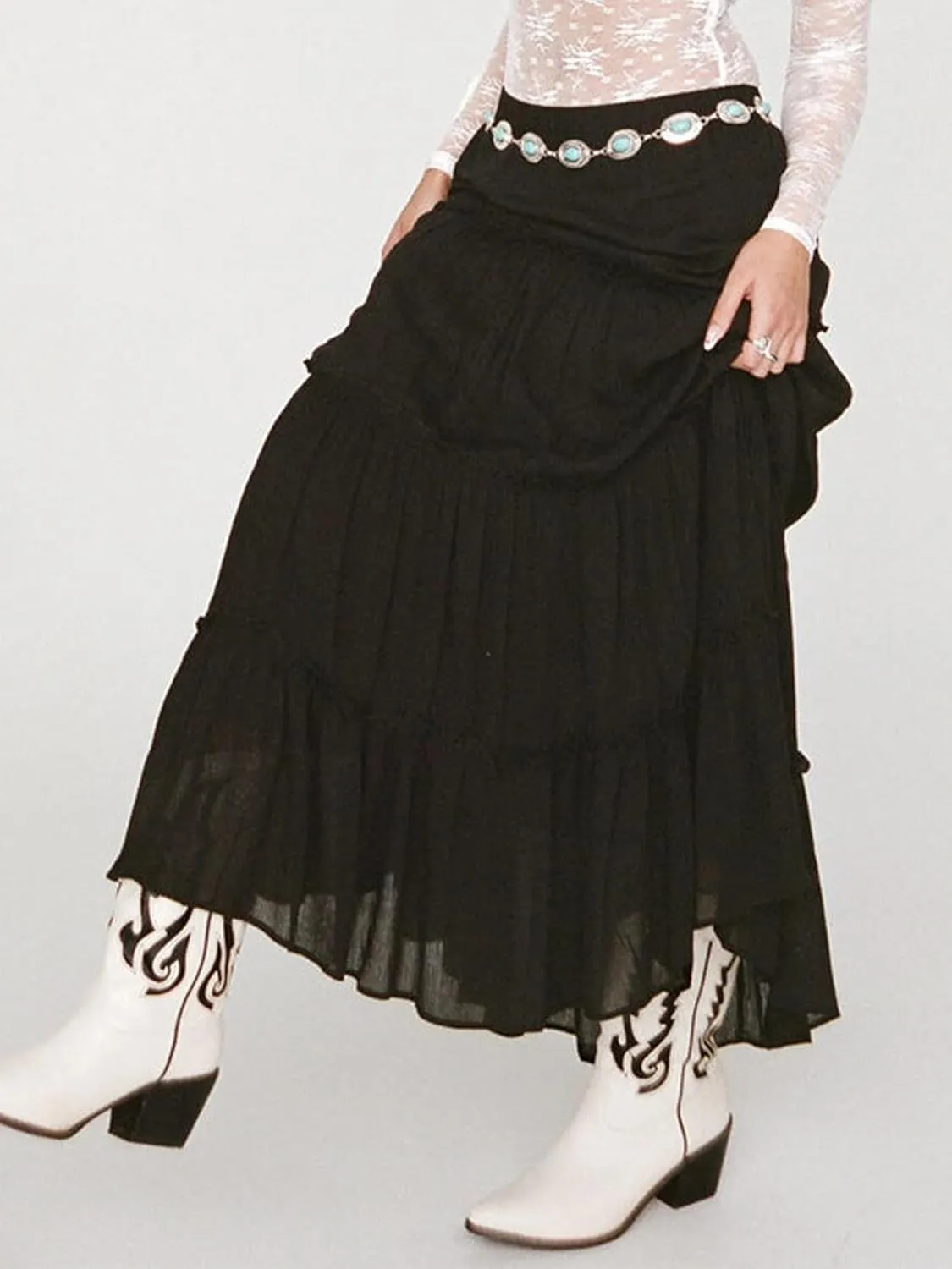 Women Summer Tiered Maxi Skirt Elastic High Waist A Line Boho Beach Dress Flowy Big Swing Long Skirts
