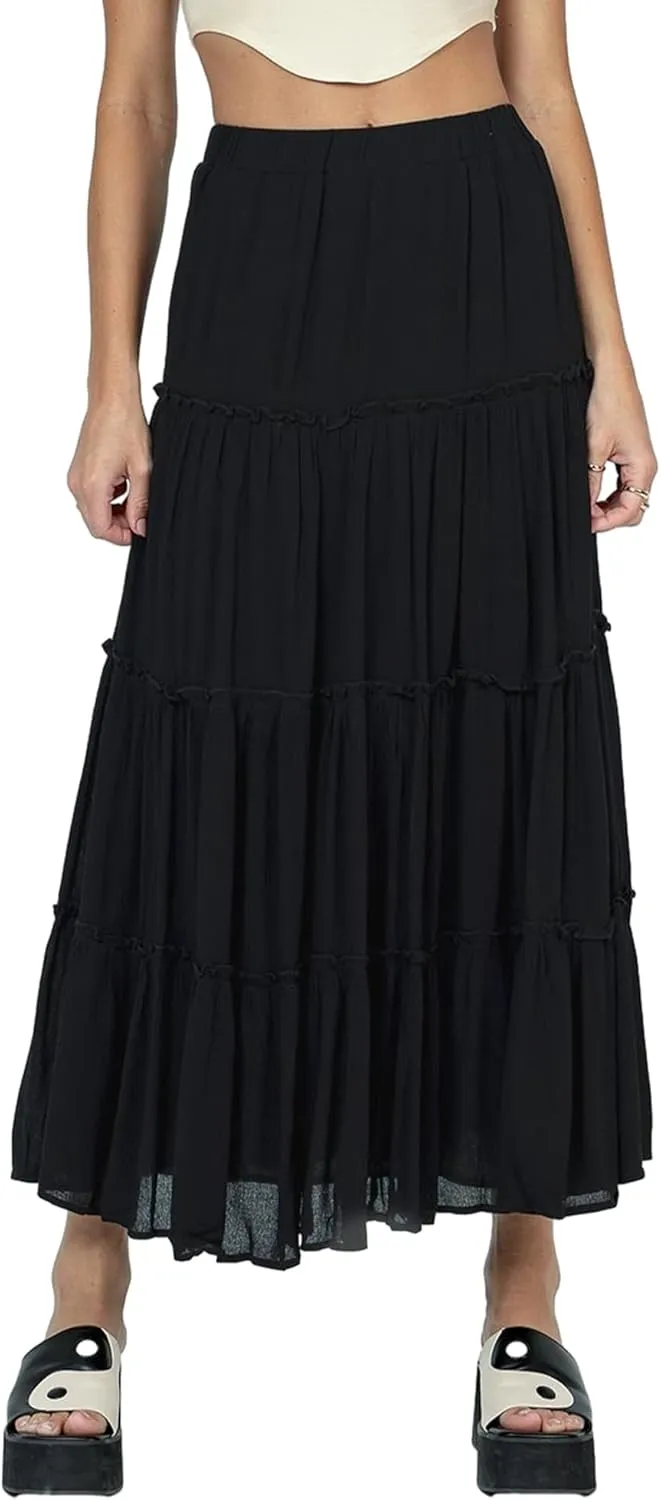 Women Summer Tiered Maxi Skirt Elastic High Waist A Line Boho Beach Dress Flowy Big Swing Long Skirts
