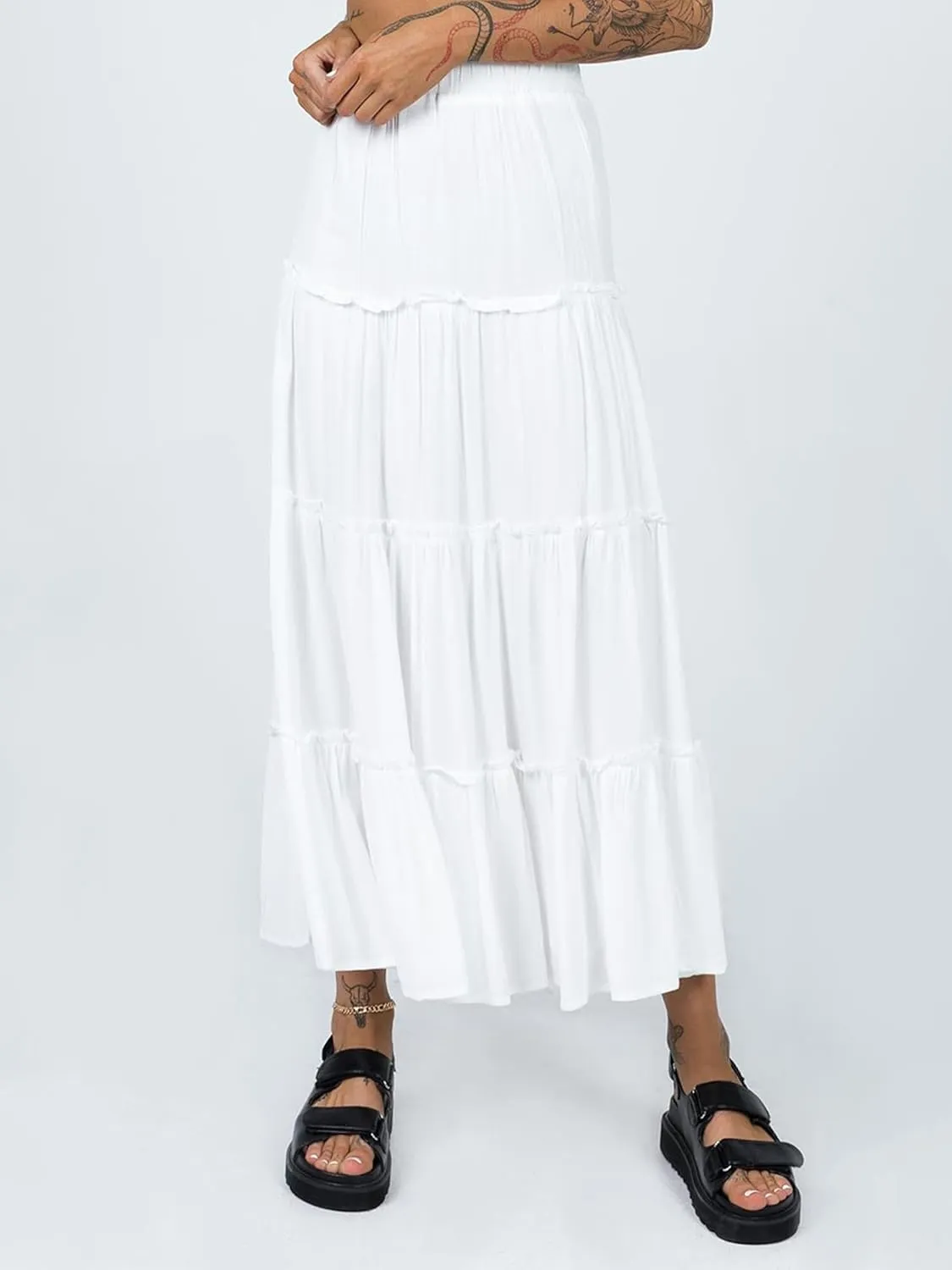 Women Summer Tiered Maxi Skirt Elastic High Waist A Line Boho Beach Dress Flowy Big Swing Long Skirts