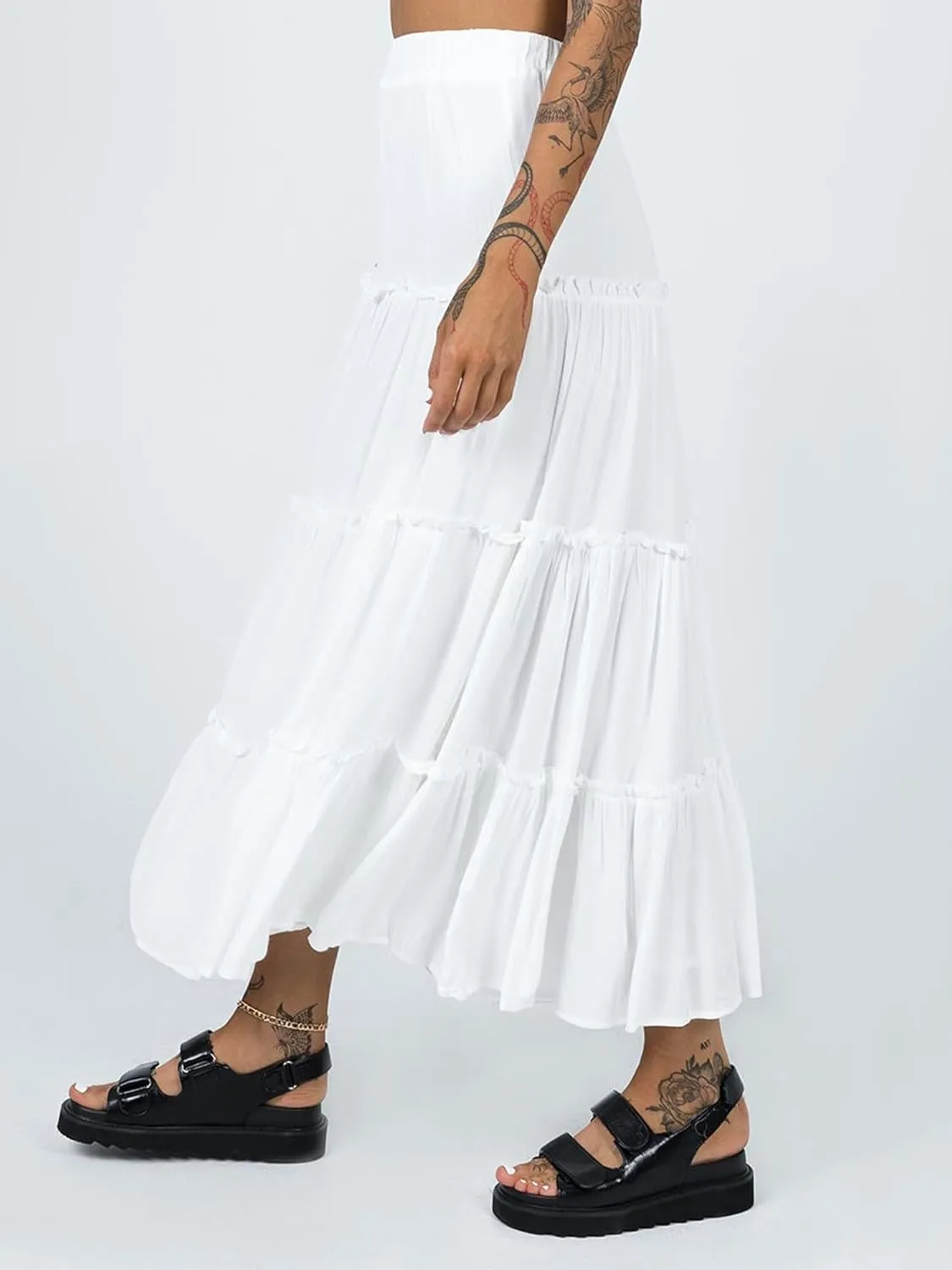 Women Summer Tiered Maxi Skirt Elastic High Waist A Line Boho Beach Dress Flowy Big Swing Long Skirts