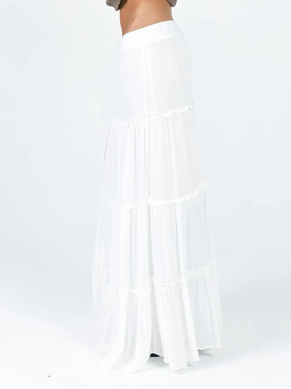 Women Summer Tiered Maxi Skirt Elastic High Waist A Line Boho Beach Dress Flowy Big Swing Long Skirts