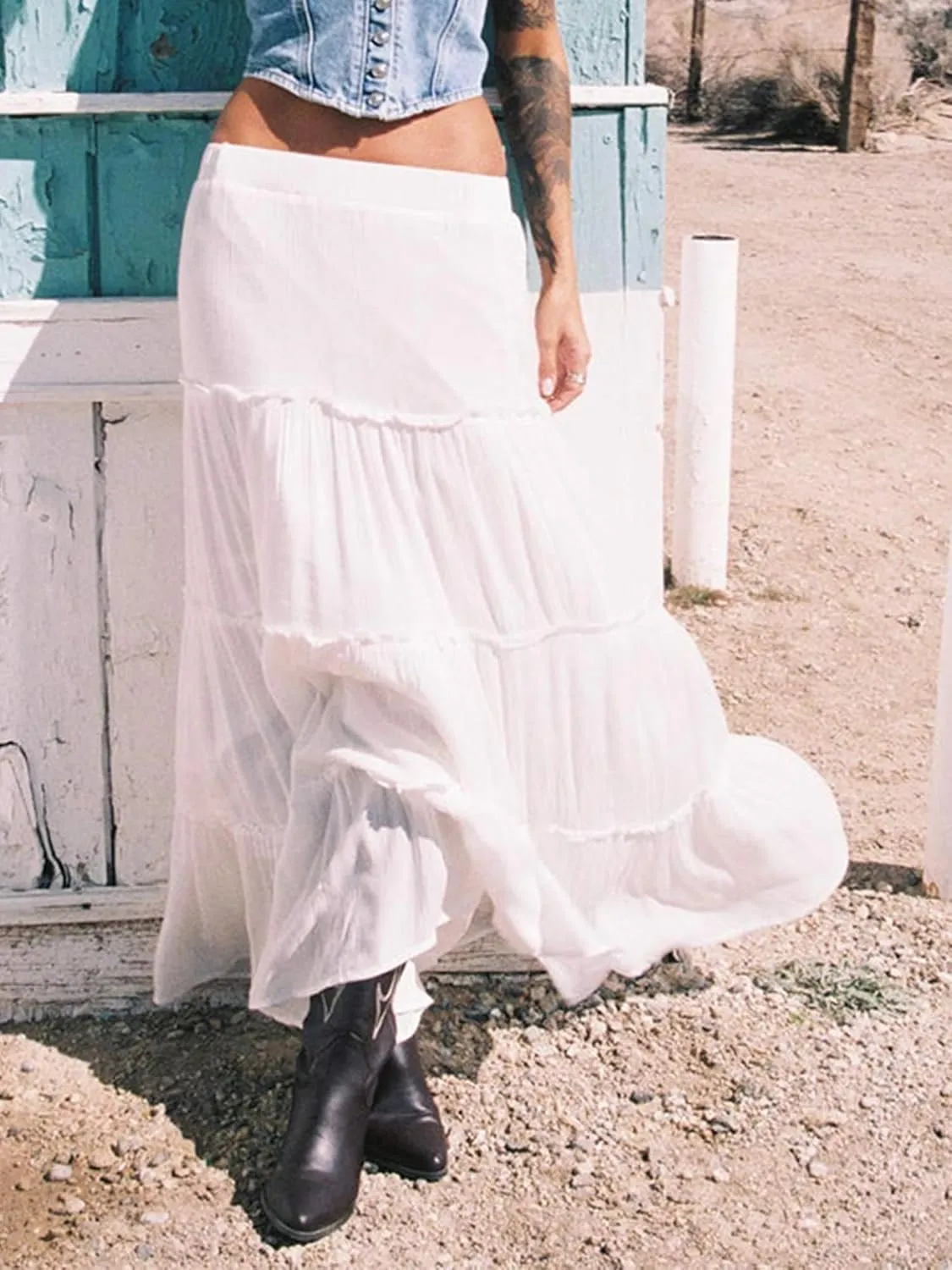 Women Summer Tiered Maxi Skirt Elastic High Waist A Line Boho Beach Dress Flowy Big Swing Long Skirts