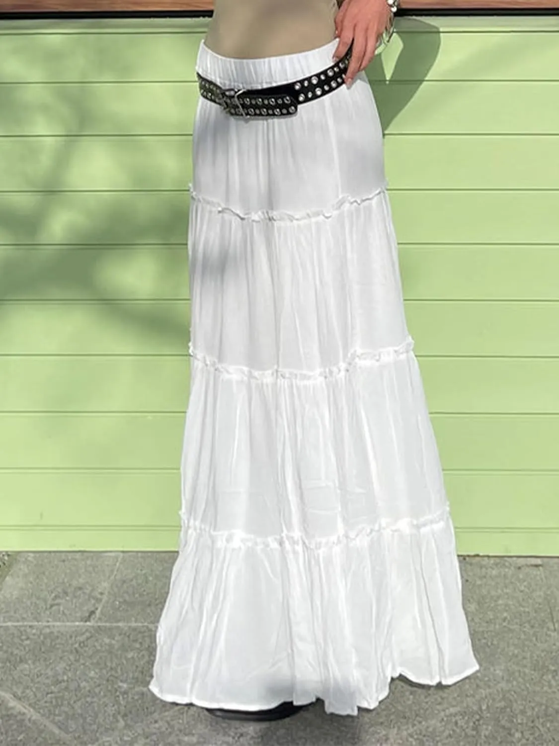 Women Summer Tiered Maxi Skirt Elastic High Waist A Line Boho Beach Dress Flowy Big Swing Long Skirts