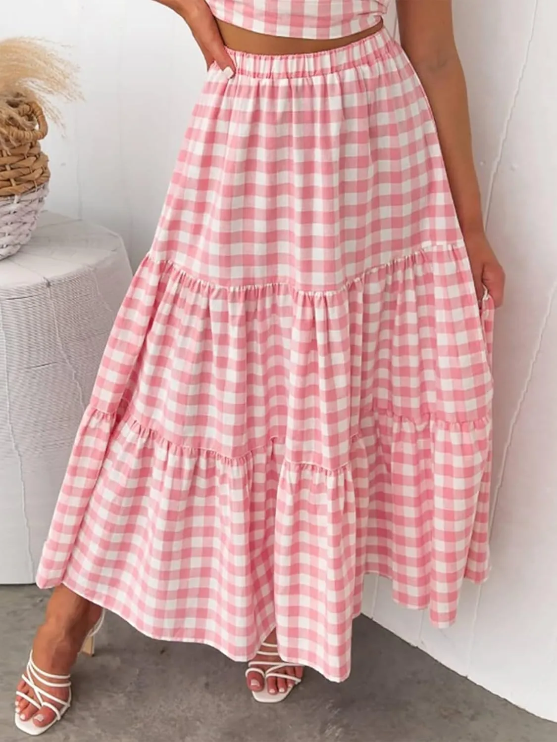 Women Summer Tiered Maxi Skirt Elastic High Waist A Line Boho Beach Dress Pleated Flowy Swing Long Skirts