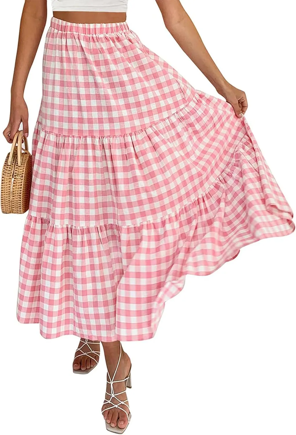 Women Summer Tiered Maxi Skirt Elastic High Waist A Line Boho Beach Dress Pleated Flowy Swing Long Skirts