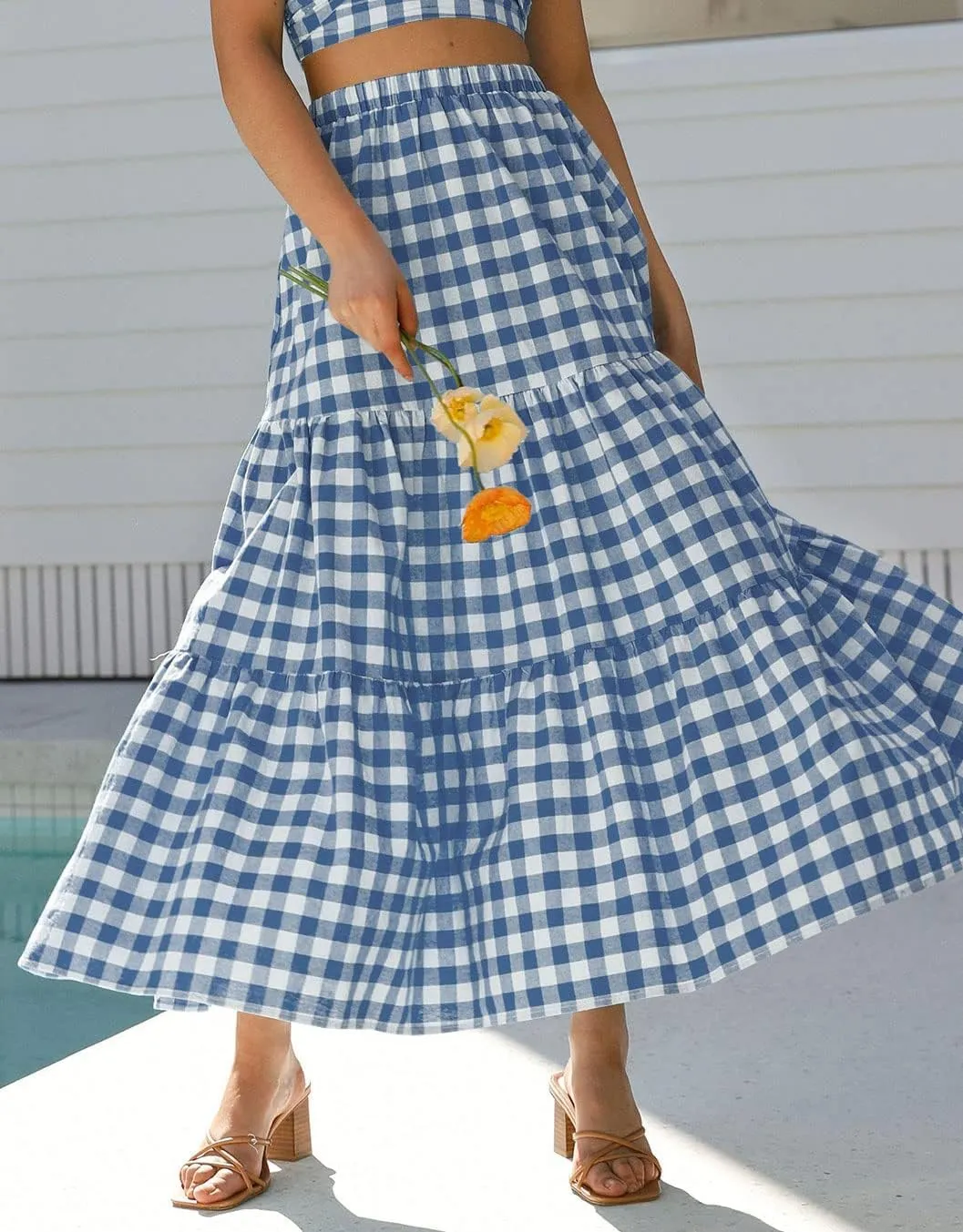 Women Summer Tiered Maxi Skirt Elastic High Waist A Line Boho Beach Dress Pleated Flowy Swing Long Skirts