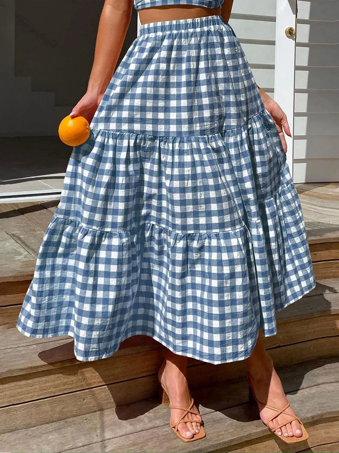 Women Summer Tiered Maxi Skirt Elastic High Waist A Line Boho Beach Dress Pleated Flowy Swing Long Skirts