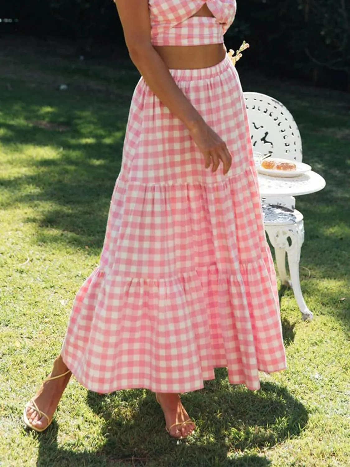Women Summer Tiered Maxi Skirt Elastic High Waist A Line Boho Beach Dress Pleated Flowy Swing Long Skirts