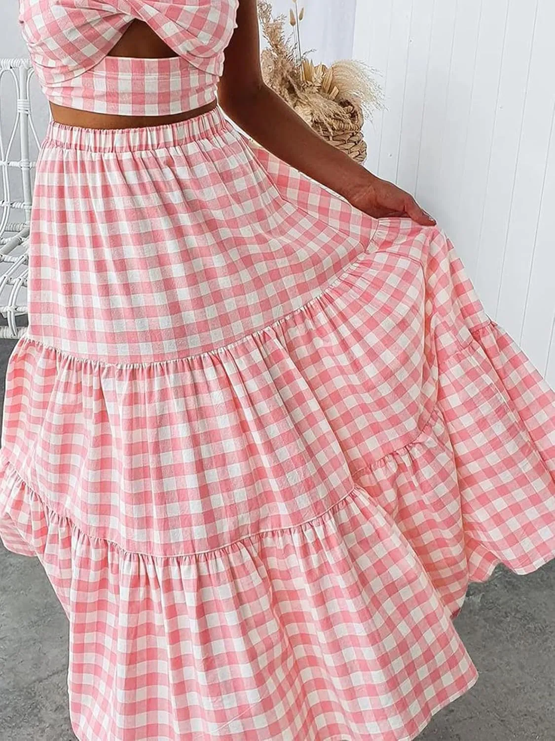 Women Summer Tiered Maxi Skirt Elastic High Waist A Line Boho Beach Dress Pleated Flowy Swing Long Skirts