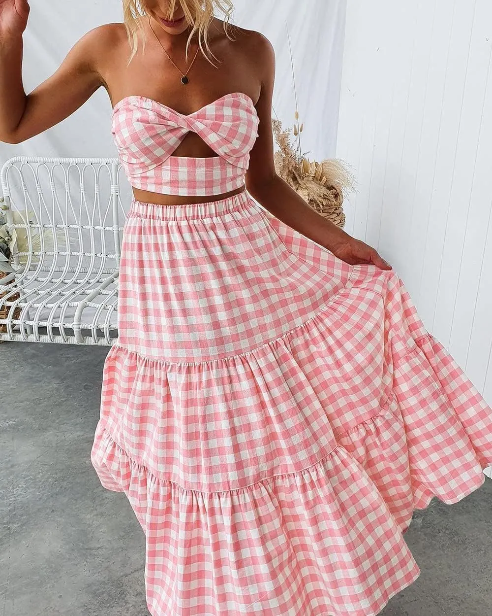 Women Summer Tiered Maxi Skirt Elastic High Waist A Line Boho Beach Dress Pleated Flowy Swing Long Skirts