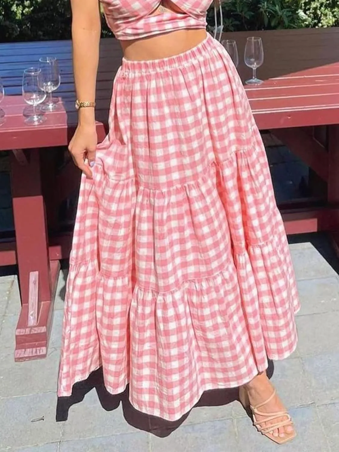 Women Summer Tiered Maxi Skirt Elastic High Waist A Line Boho Beach Dress Pleated Flowy Swing Long Skirts