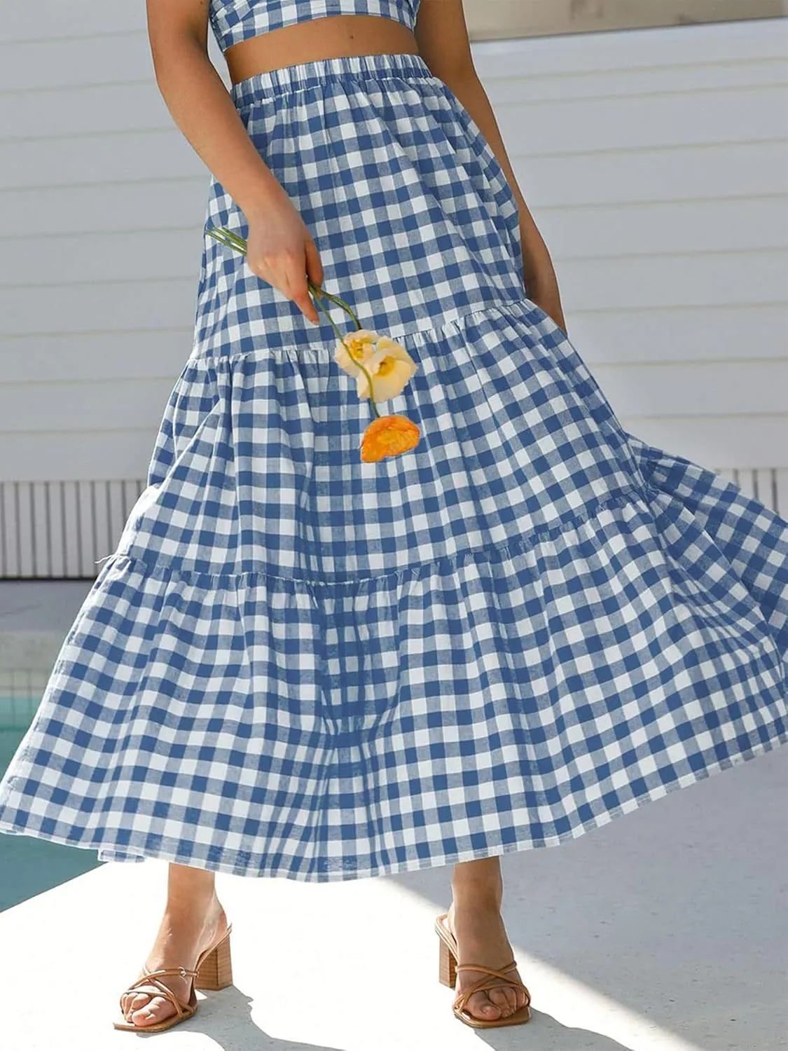 Women Summer Tiered Maxi Skirt Elastic High Waist A Line Boho Beach Dress Pleated Flowy Swing Long Skirts
