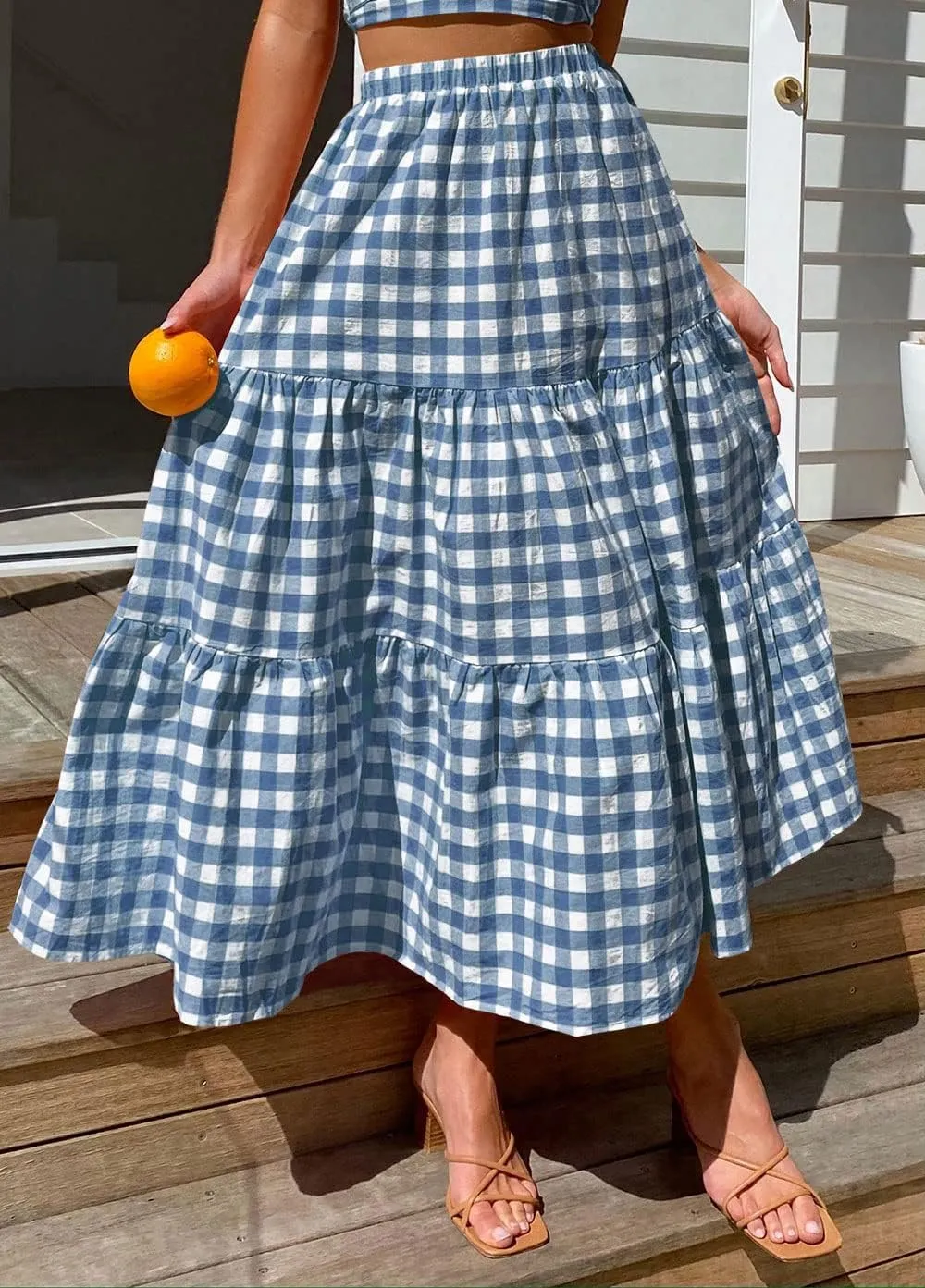 Women Summer Tiered Maxi Skirt Elastic High Waist A Line Boho Beach Dress Pleated Flowy Swing Long Skirts