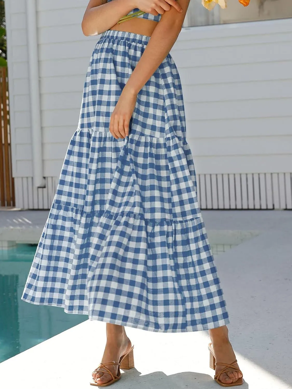 Women Summer Tiered Maxi Skirt Elastic High Waist A Line Boho Beach Dress Pleated Flowy Swing Long Skirts