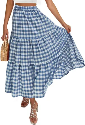 Women Summer Tiered Maxi Skirt Elastic High Waist A Line Boho Beach Dress Pleated Flowy Swing Long Skirts