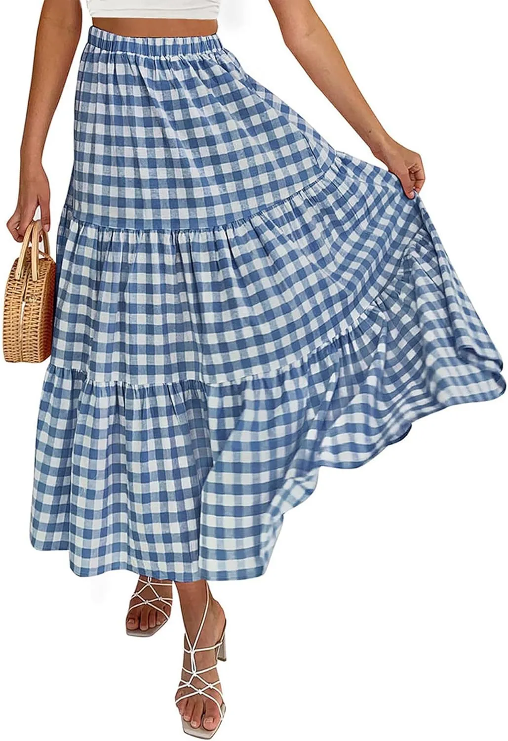 Women Summer Tiered Maxi Skirt Elastic High Waist A Line Boho Beach Dress Pleated Flowy Swing Long Skirts