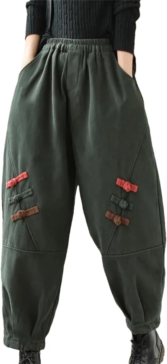 Women Thick Warm Harem Pants Vintage Style Elastic Waist Loose High Waist Casual Pant
