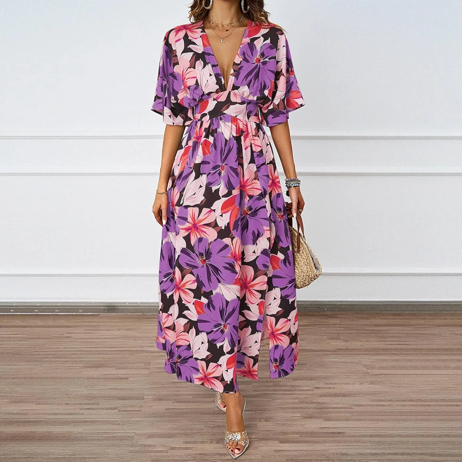 Women V Neck Summer Dress 2025 Long Sleeve Swiss Dot Boho Flowy Ruffle Slit Beach Party Long Maxi Ruffle Dresses