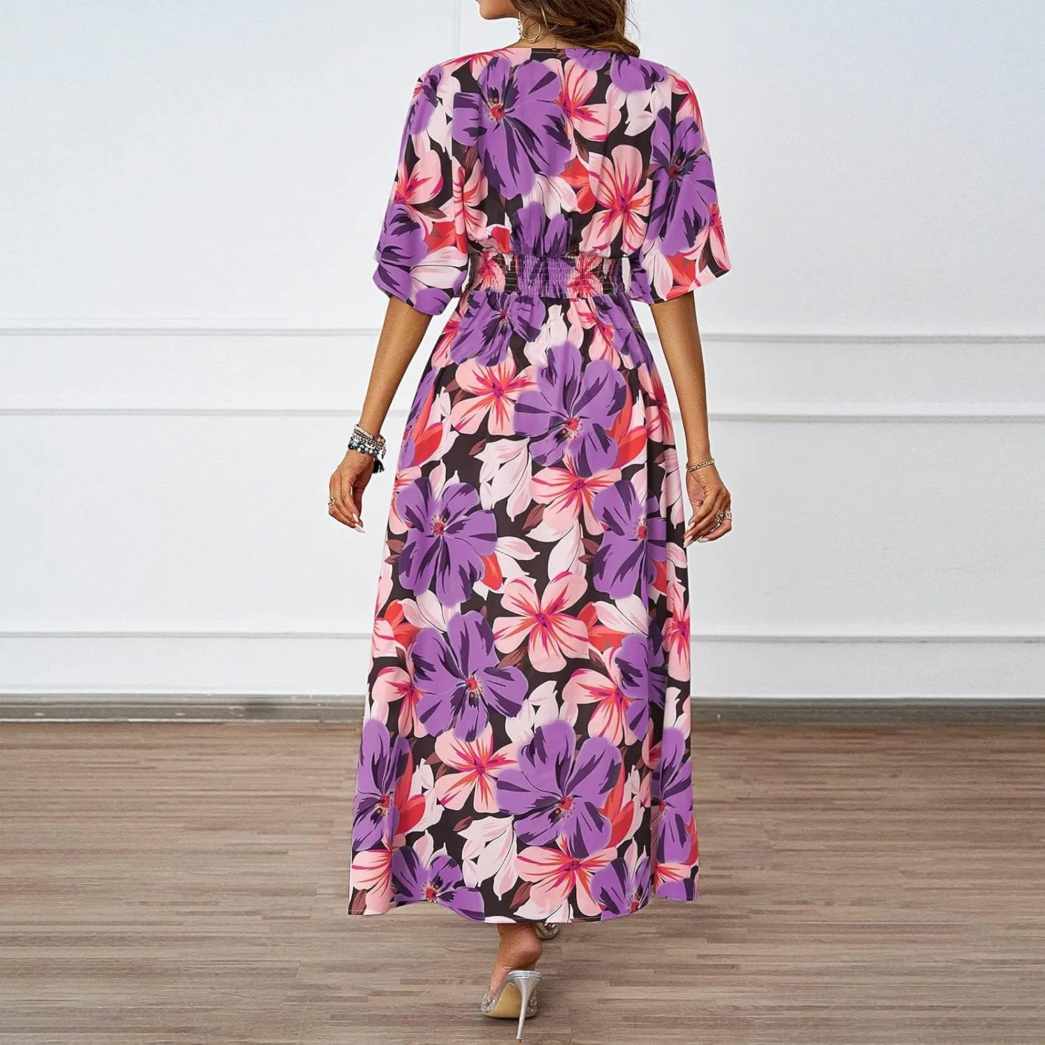 Women V Neck Summer Dress 2025 Long Sleeve Swiss Dot Boho Flowy Ruffle Slit Beach Party Long Maxi Ruffle Dresses