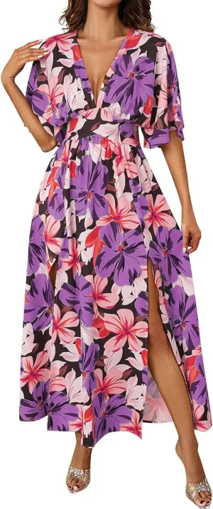 Women V Neck Summer Dress 2025 Long Sleeve Swiss Dot Boho Flowy Ruffle Slit Beach Party Long Maxi Ruffle Dresses