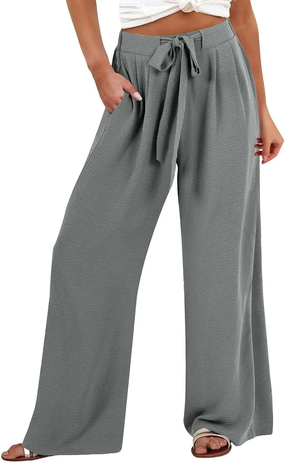 Women Wide Leg Linen Pants 2025 Tie Knot Summer High Waisted Palazzo Pants Flowy Beach Travel Trousers with Pockets