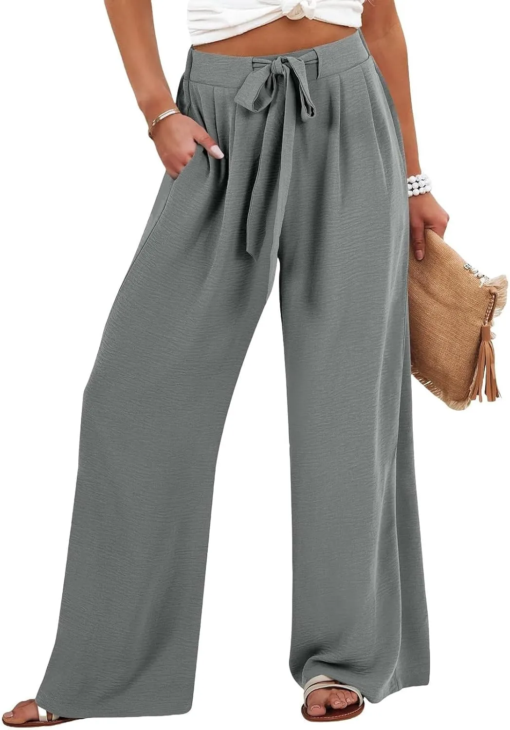 Women Wide Leg Linen Pants 2025 Tie Knot Summer High Waisted Palazzo Pants Flowy Beach Travel Trousers with Pockets