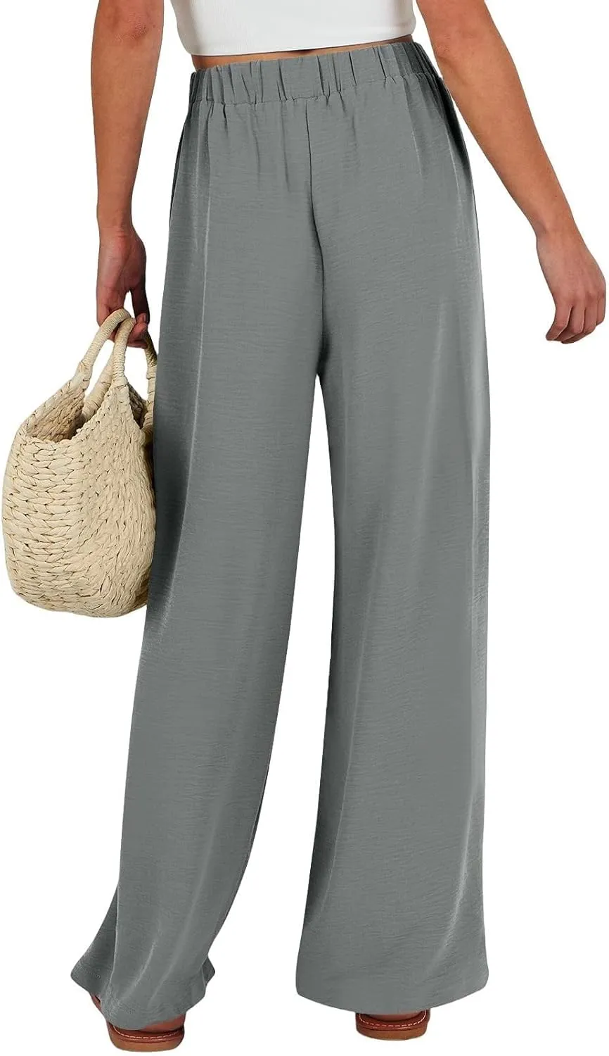 Women Wide Leg Linen Pants 2025 Tie Knot Summer High Waisted Palazzo Pants Flowy Beach Travel Trousers with Pockets