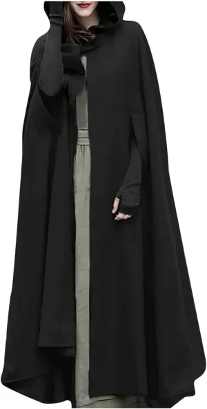 Women Winter Long Cape Coat Renaissance Victorian Jacket Cloak Hood Vintage Casual Robes Cosplay Halloween Costume