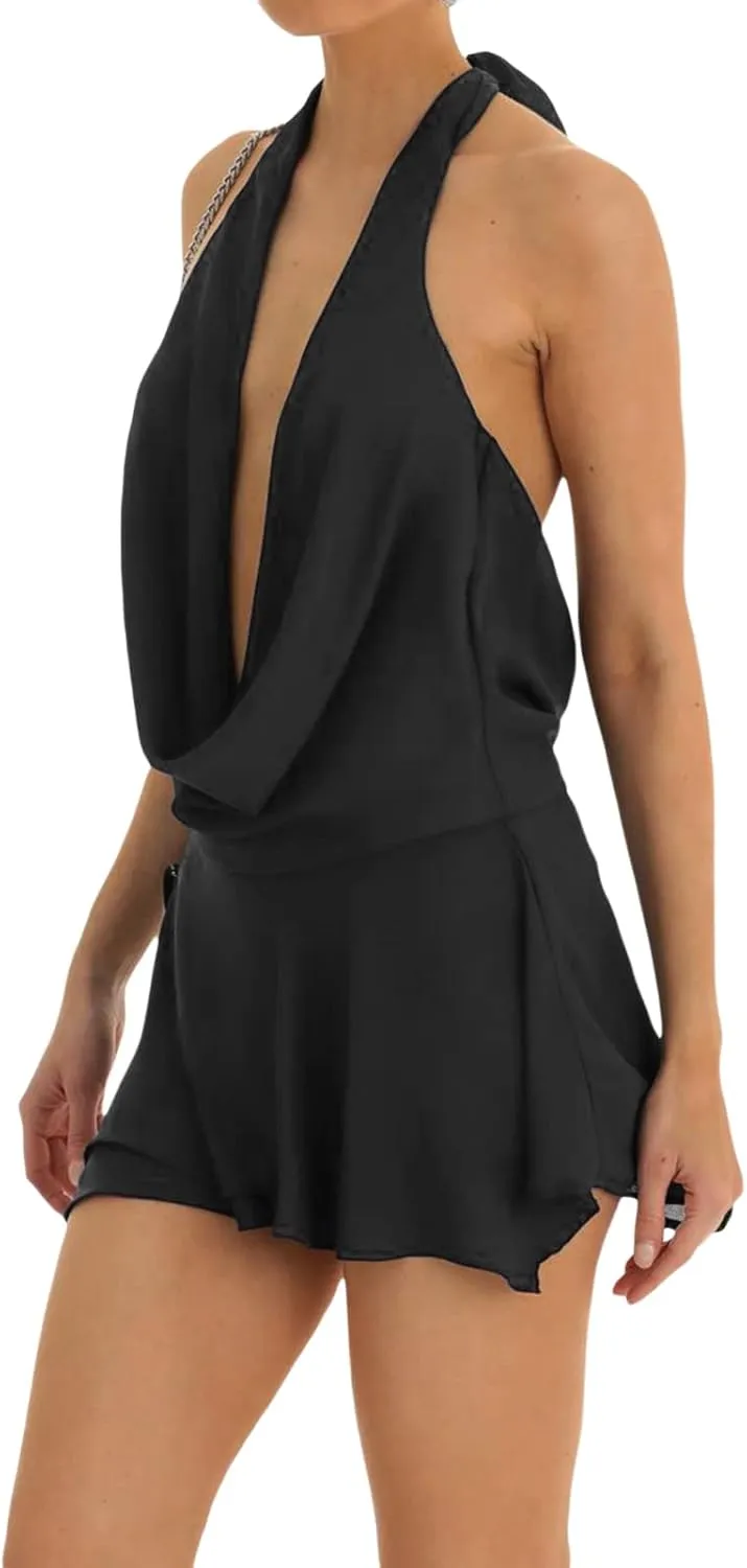 Women Y2K Halter Mini Dress Ruffle Trim V Neck Short Dress Ruched Open Back Bodycon Party Dresses Sexy Clubwear