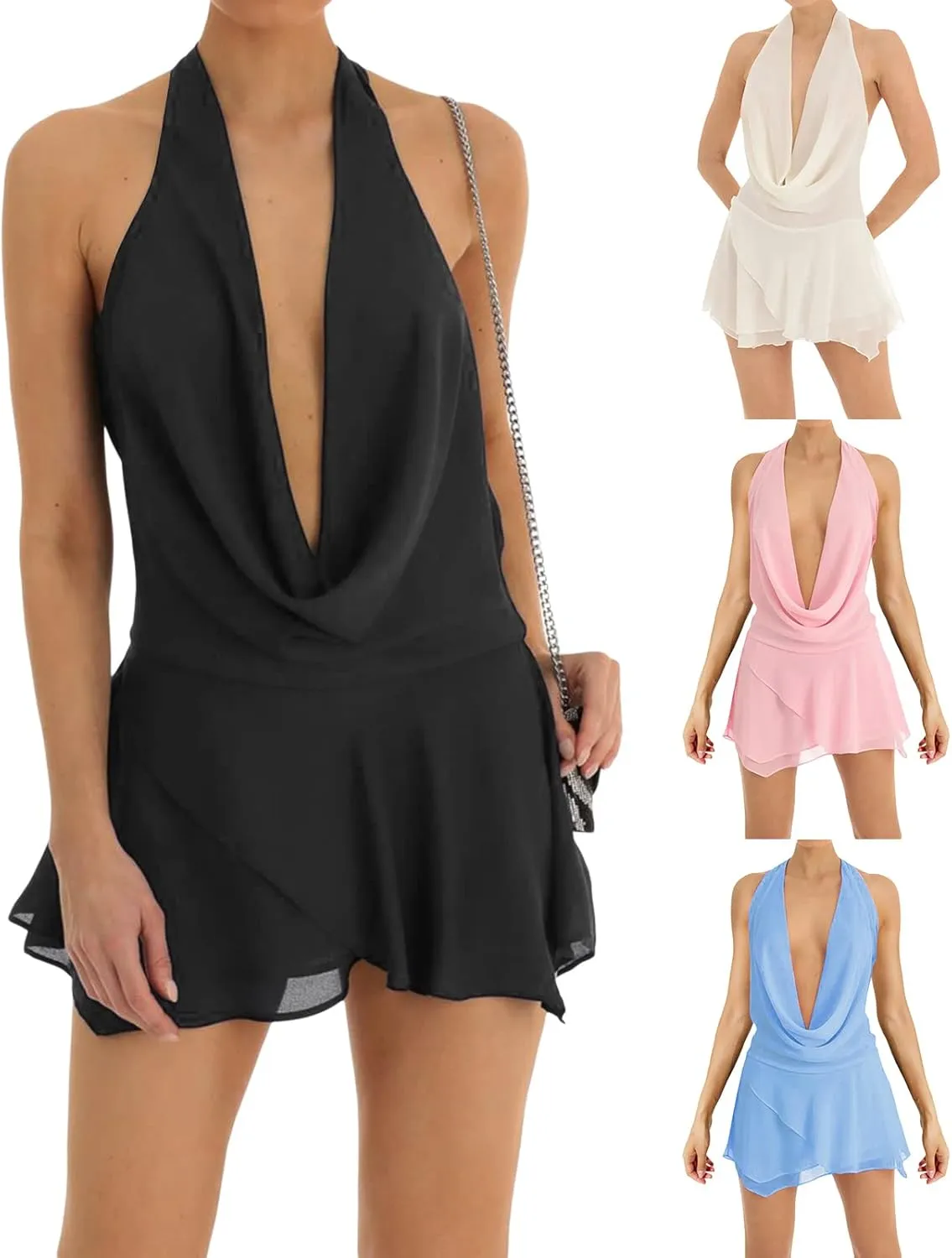 Women Y2K Halter Mini Dress Ruffle Trim V Neck Short Dress Ruched Open Back Bodycon Party Dresses Sexy Clubwear
