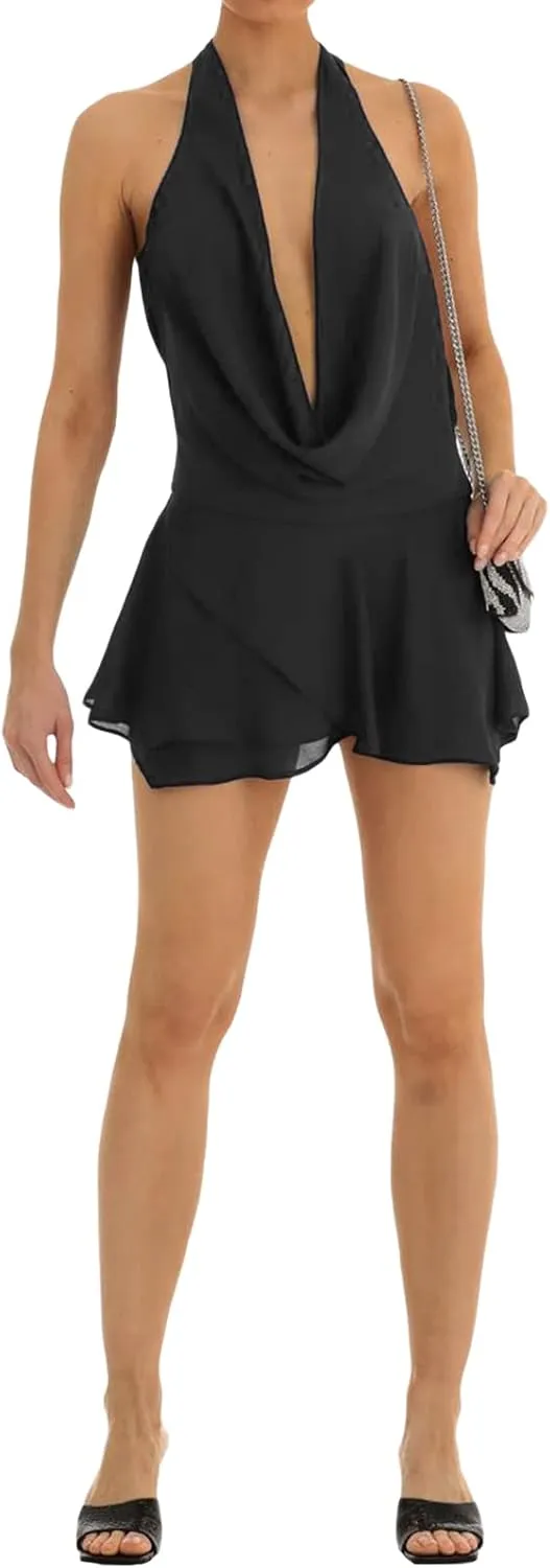 Women Y2K Halter Mini Dress Ruffle Trim V Neck Short Dress Ruched Open Back Bodycon Party Dresses Sexy Clubwear