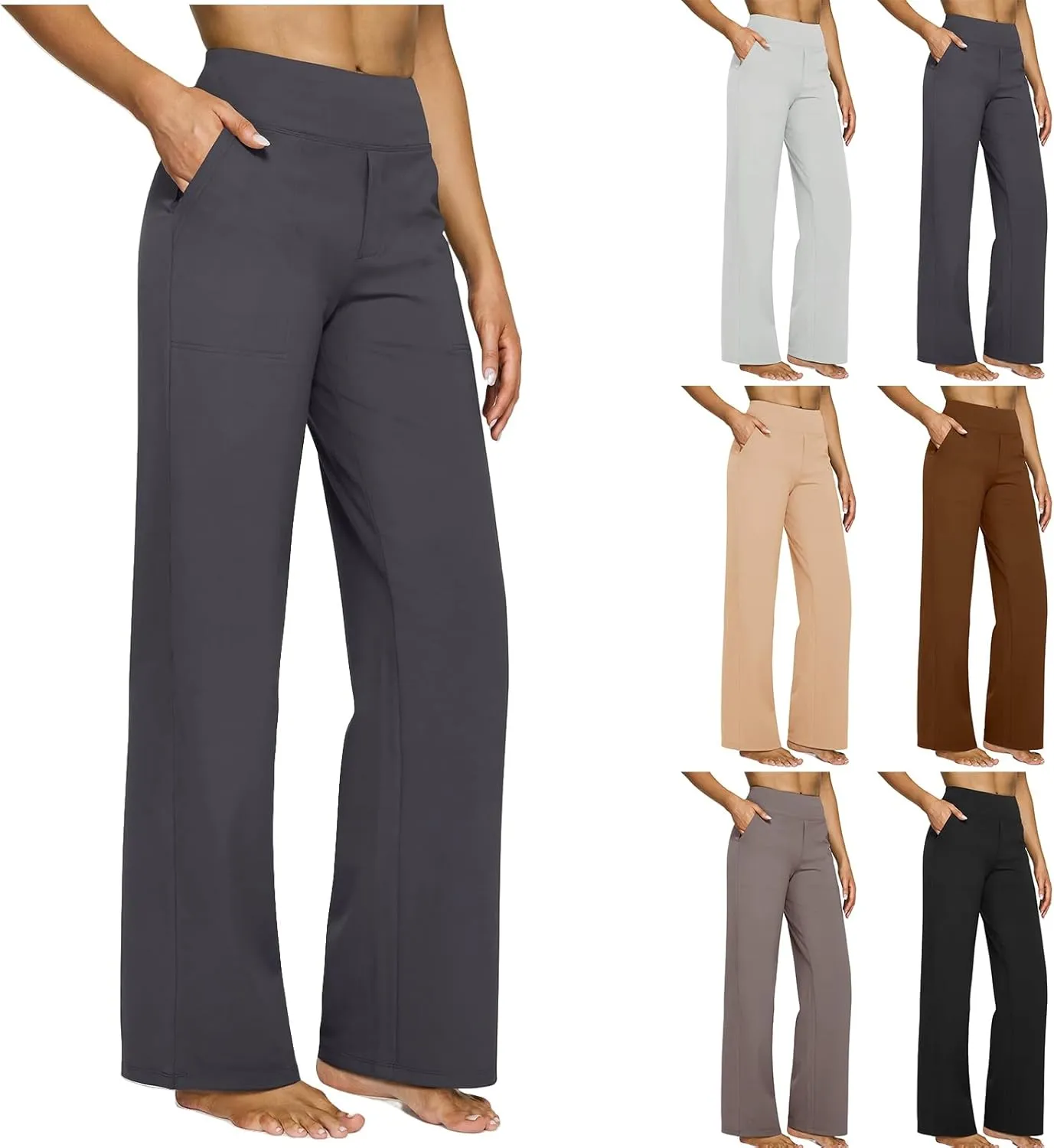 Women Yoga Pants High Waist Wide Leg Work Pants Comfy Stretch Lounge Trousers Solid Color Flare Sweatpants with Pockets