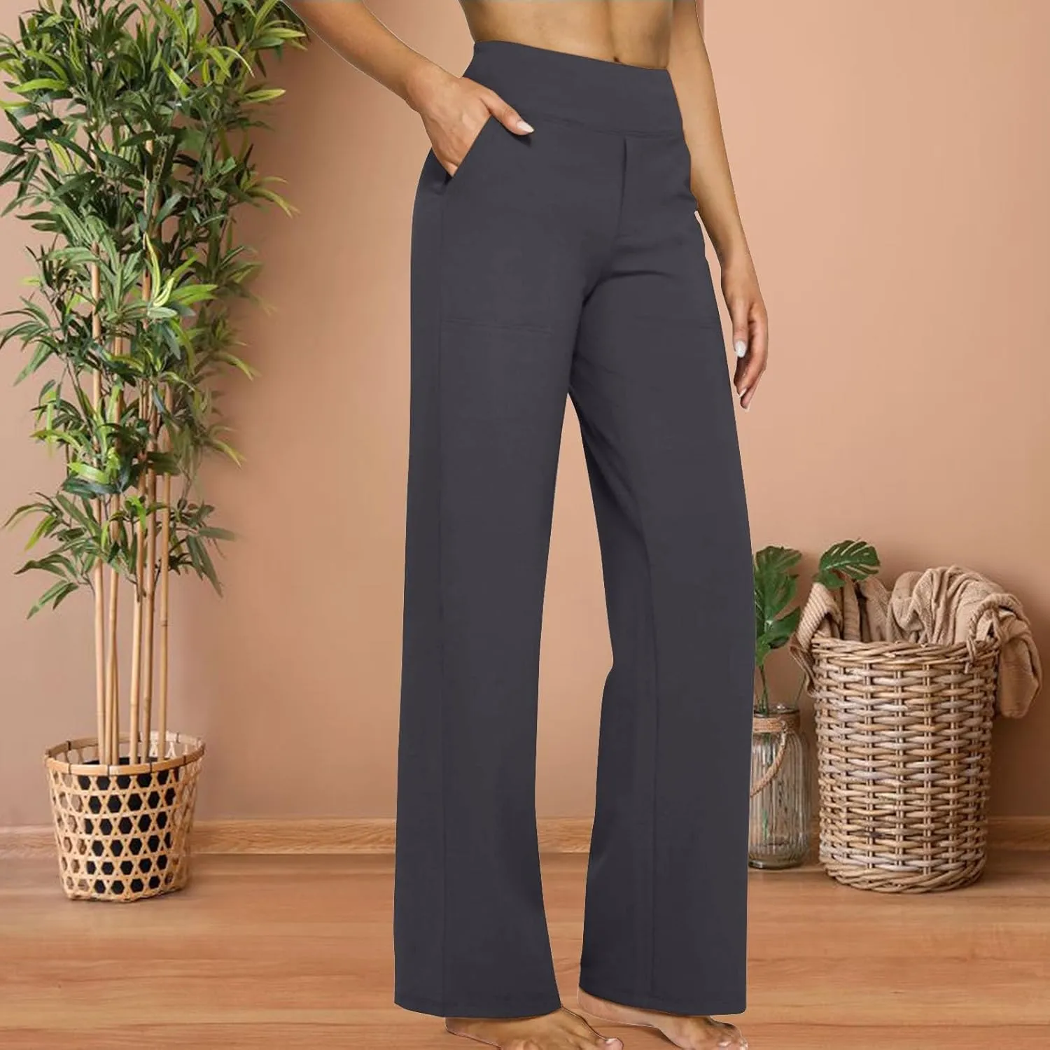 Women Yoga Pants High Waist Wide Leg Work Pants Comfy Stretch Lounge Trousers Solid Flare Sweatpants with Pockets