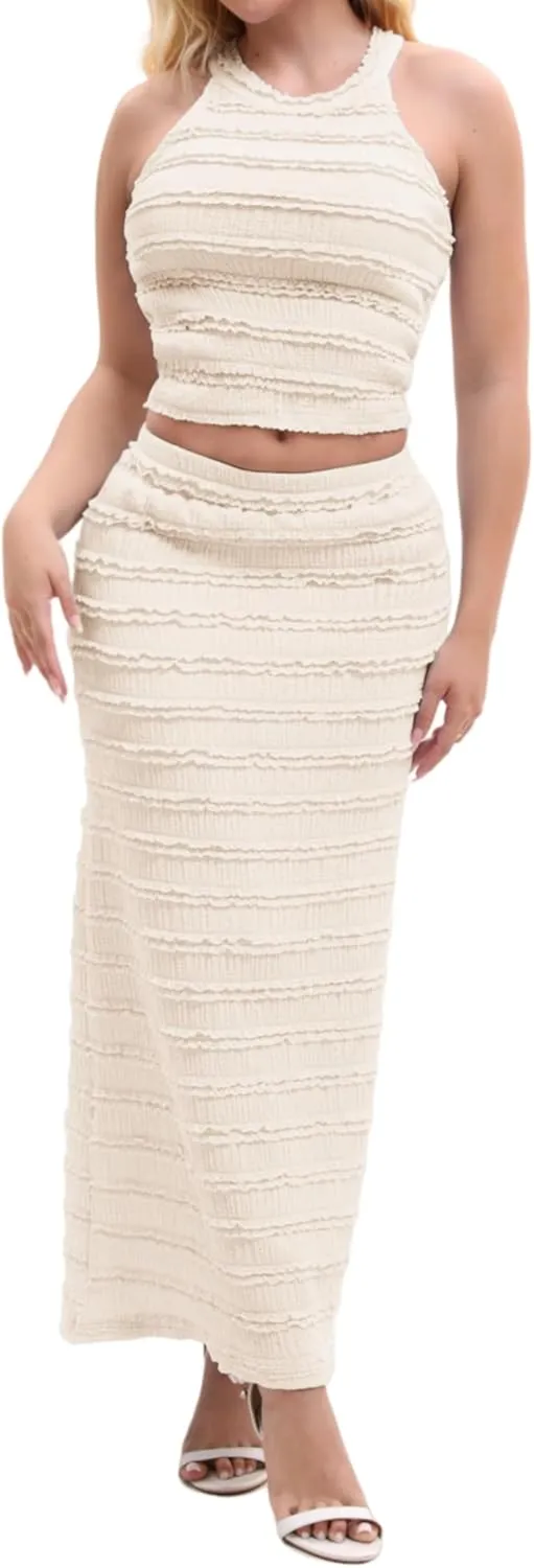 Womens 2 Piece Summer Outfits Sleeveless Crop Top & Skirt Set Bodycon Knit Long Dress