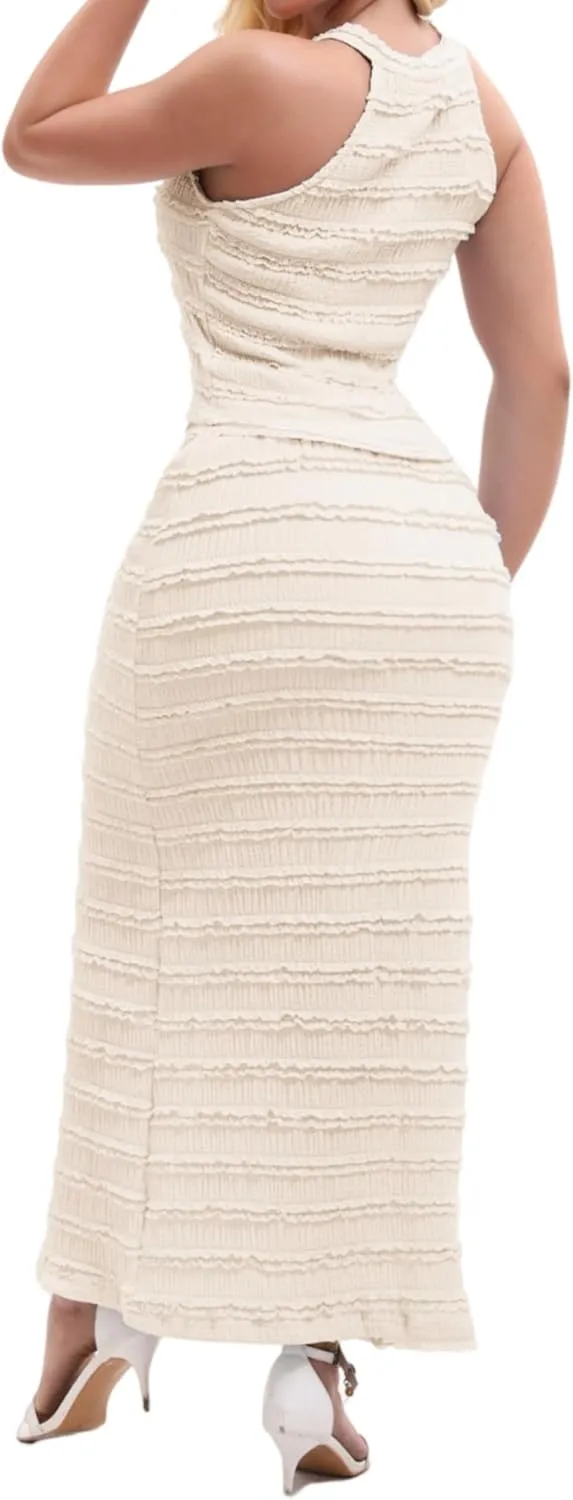 Womens 2 Piece Summer Outfits Sleeveless Crop Top & Skirt Set Bodycon Knit Long Dress