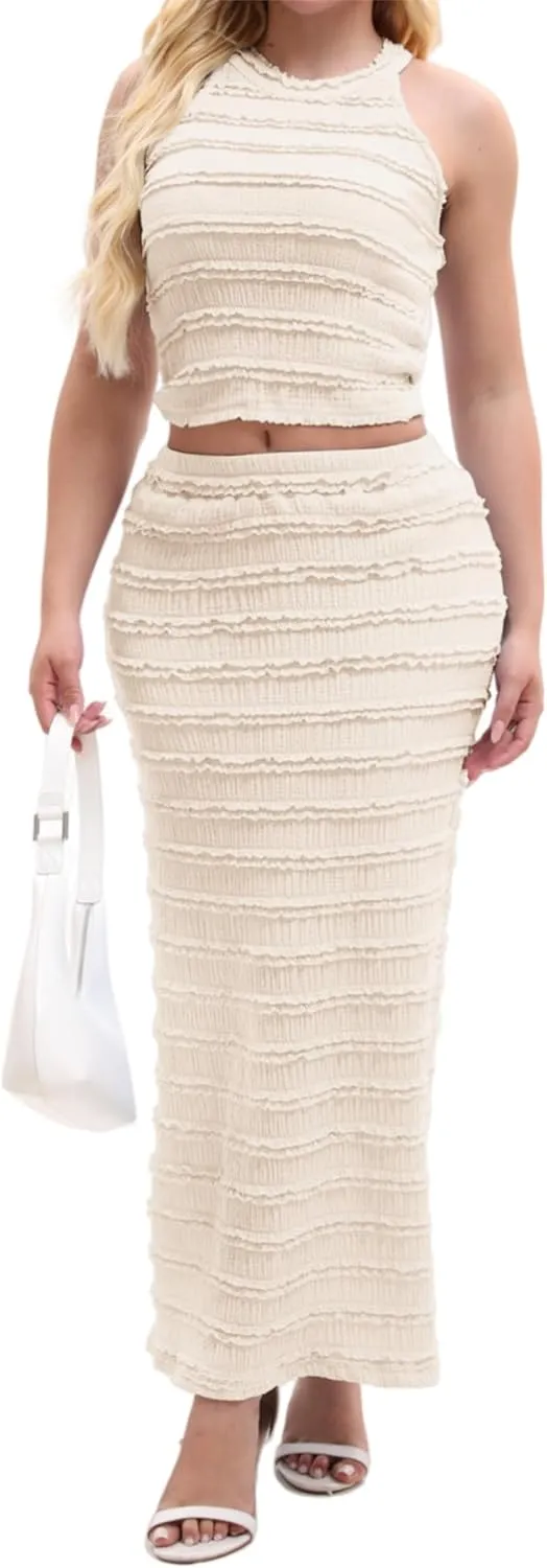 Womens 2 Piece Summer Outfits Sleeveless Crop Top & Skirt Set Bodycon Knit Long Dress