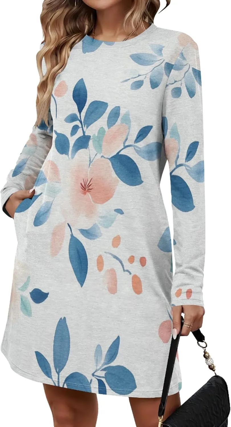 Womens 2024 Fall Long Sleeve Pullover Tops Crewneck Sweatshirt Dress Casual Floral Printed Midi Dresses with Pockets