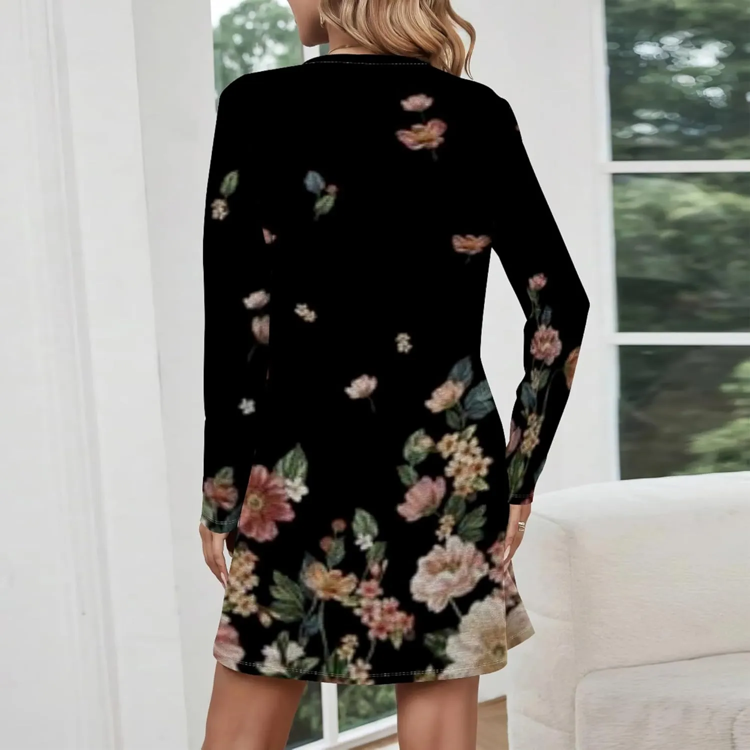 Womens 2024 Fall Long Sleeve Pullover Tops Crewneck Sweatshirt Dress Casual Floral Printed Midi Dresses with Pockets