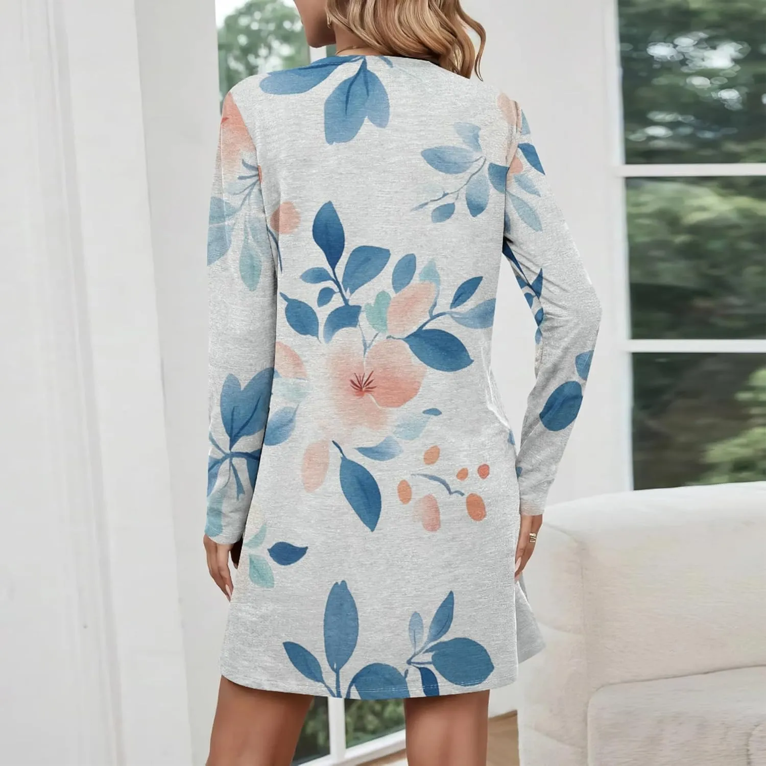 Womens 2024 Fall Long Sleeve Pullover Tops Crewneck Sweatshirt Dress Casual Floral Printed Midi Dresses with Pockets