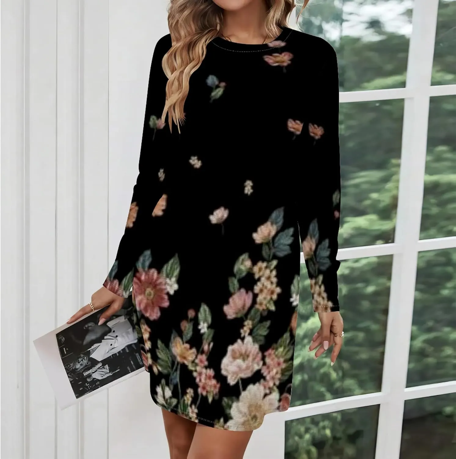 Womens 2024 Fall Long Sleeve Pullover Tops Crewneck Sweatshirt Dress Casual Floral Printed Midi Dresses with Pockets