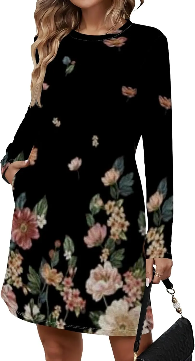 Womens 2024 Fall Long Sleeve Pullover Tops Crewneck Sweatshirt Dress Casual Floral Printed Midi Dresses with Pockets