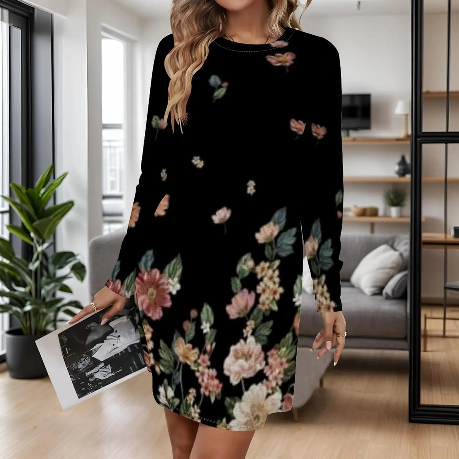 Womens 2024 Fall Long Sleeve Pullover Tops Crewneck Sweatshirt Dress Casual Floral Printed Midi Dresses with Pockets