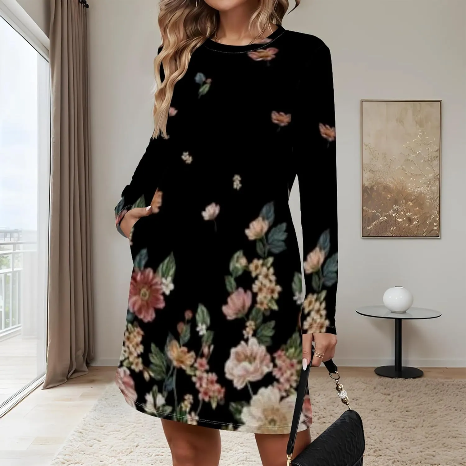 Womens 2024 Fall Long Sleeve Pullover Tops Crewneck Sweatshirt Dress Casual Floral Printed Midi Dresses with Pockets