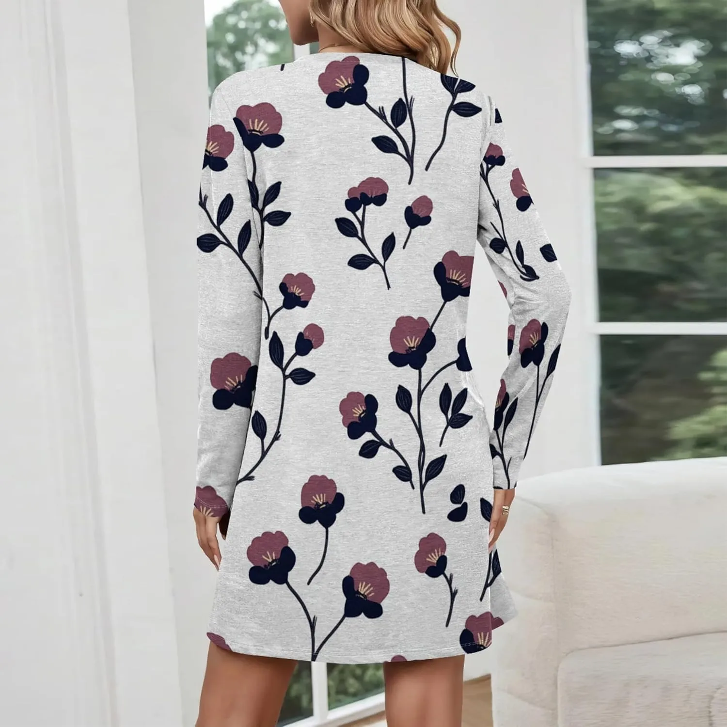Womens 2024 Fall Long Sleeve Pullover Tops Crewneck Sweatshirt Dress Casual Floral Printed Mini Dresses with Pockets