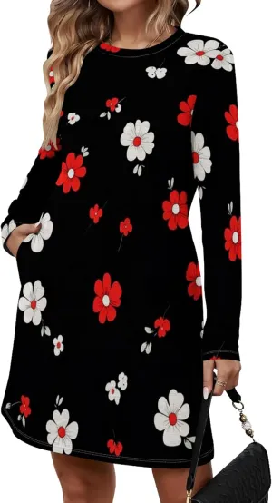 Womens 2024 Fall Long Sleeve Pullover Tops Crewneck Sweatshirt Dress Casual Floral Printed Mini Dresses with Pockets