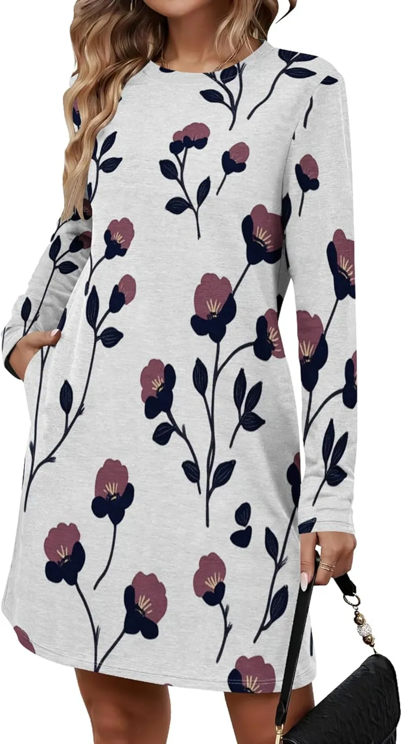 Womens 2024 Fall Long Sleeve Pullover Tops Crewneck Sweatshirt Dress Casual Floral Printed Mini Dresses with Pockets