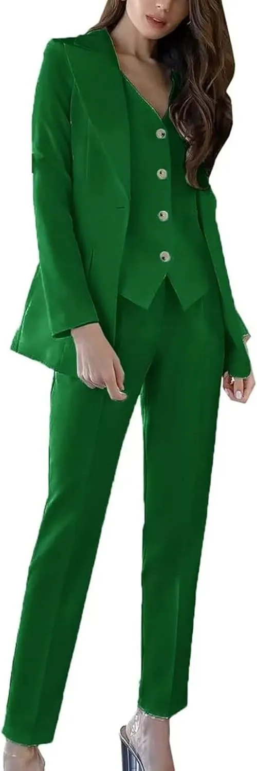 Women's 3 Piece Solid Work Blazer Vest Pant Suit Business Office Lady Suits Sets