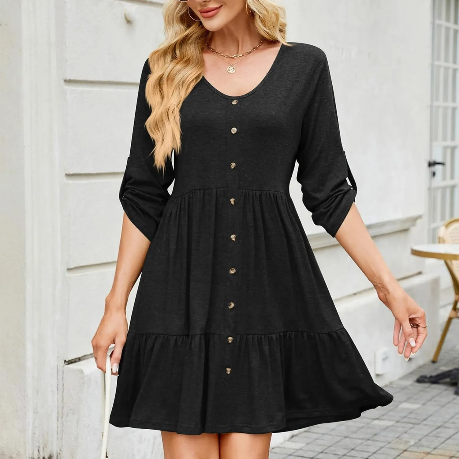 Womens 3/4 Ruffle Sleeve Mini Dress 2025 Spring Swing V Neck Vacation Beach Dresses Cute Babydoll Short Sundress