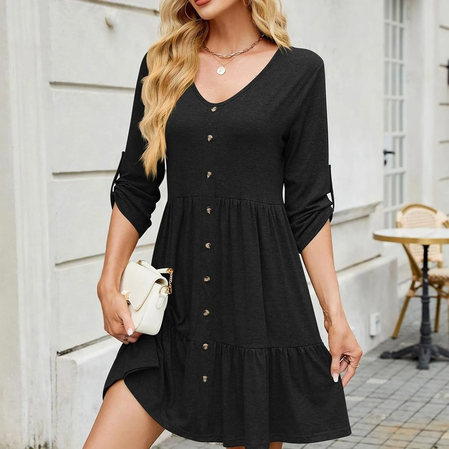 Womens 3/4 Ruffle Sleeve Mini Dress 2025 Spring Swing V Neck Vacation Beach Dresses Cute Babydoll Short Sundress